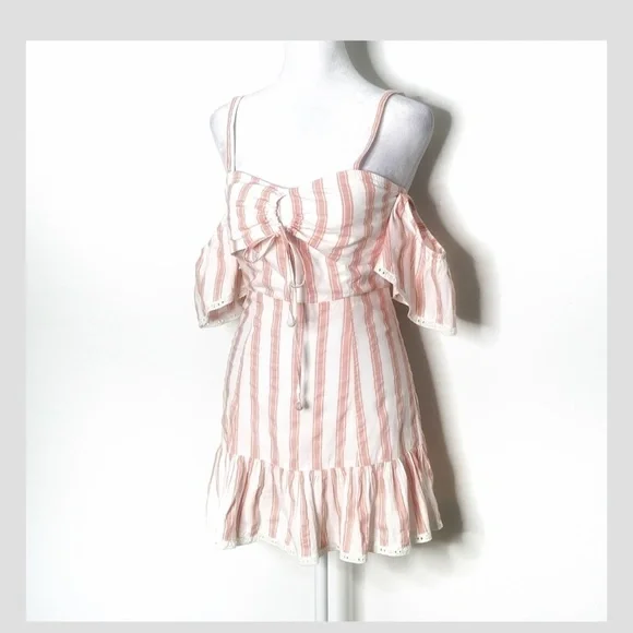 Tularosa Brinley Mini Dress Off Shoulder Pink Stripe Ruffle Hem Sweetheart Neck - Picture 11 of 11